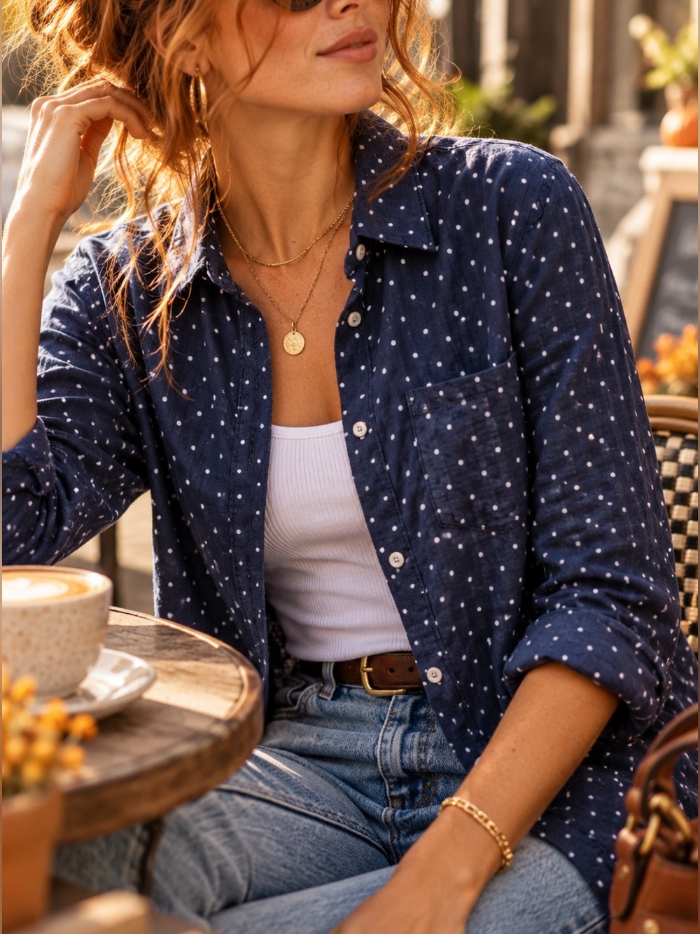 Talbots 100% Linen Navy Polka Dot Button Up Shirt Classic Coastal Summer Size XS